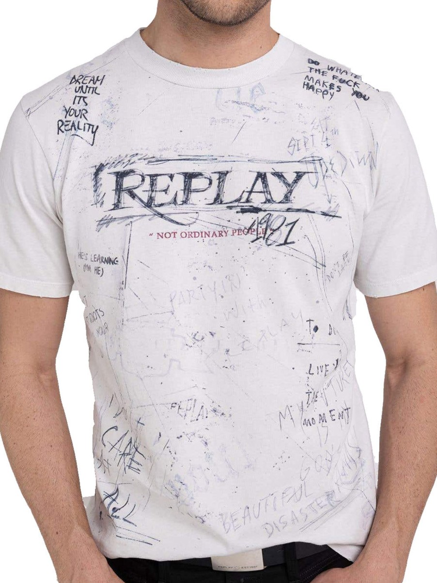 Uomo replay T-Shirt | T-Shirt In Organic Cotton Con Stampa - Chalk Printed Black