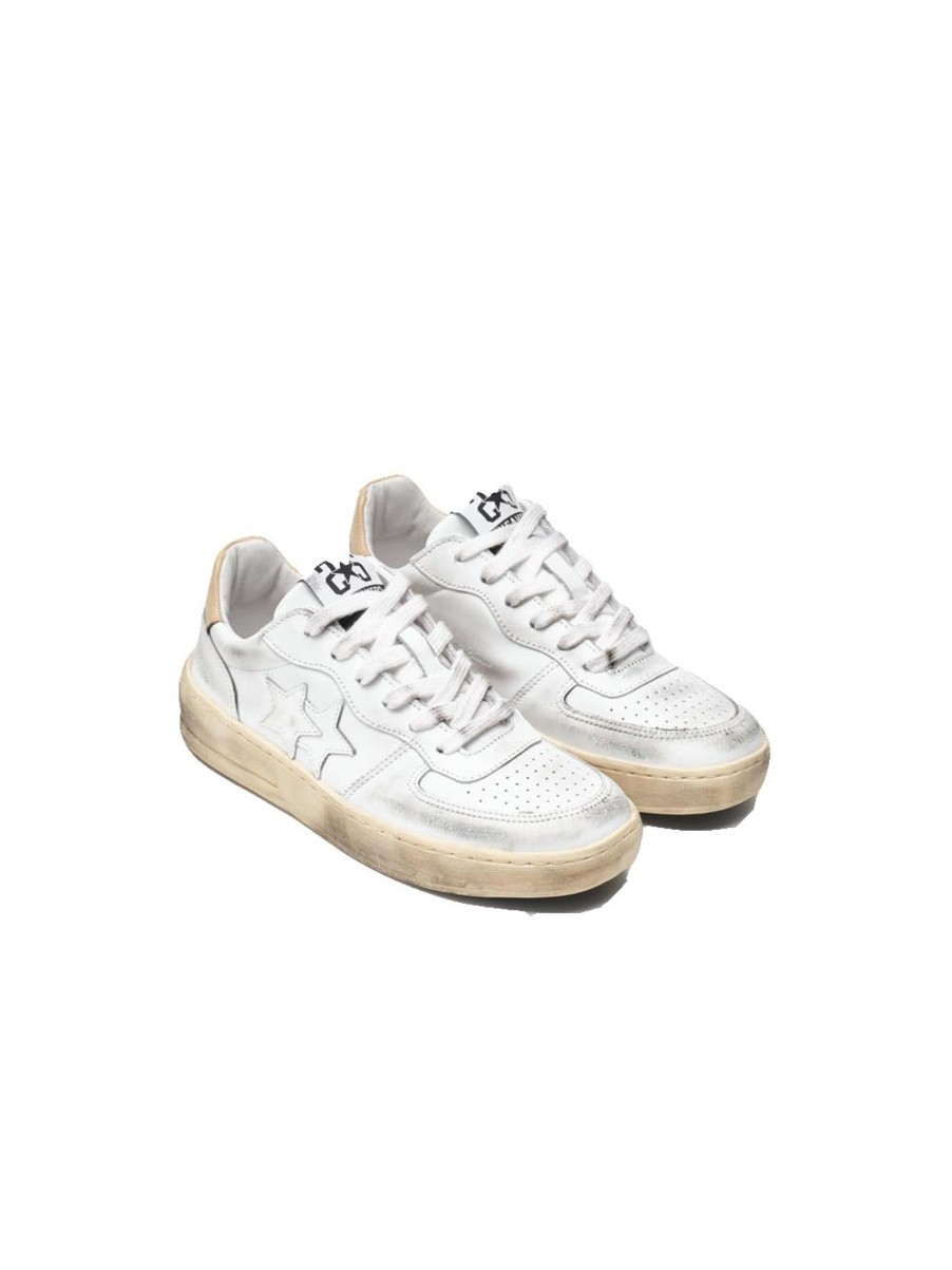 Scarpe 2Star | Sneakers Padel In Pelle Bianca E Dettagli Beige Effetto ''Used''