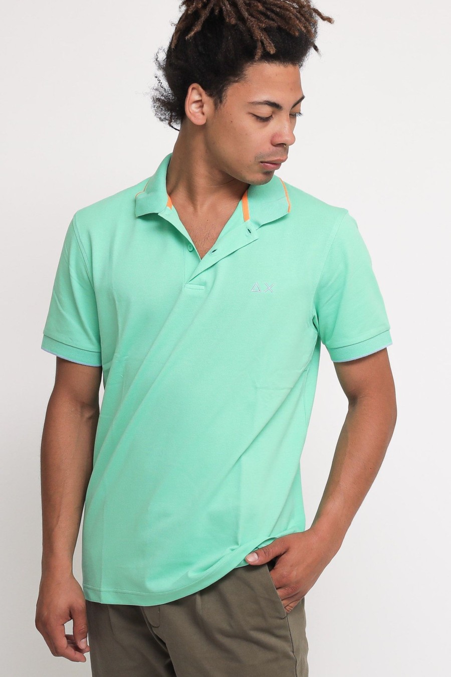 Uomo sun68 Polo | Polo Small Stripe On Collar - Verde Acquamarina