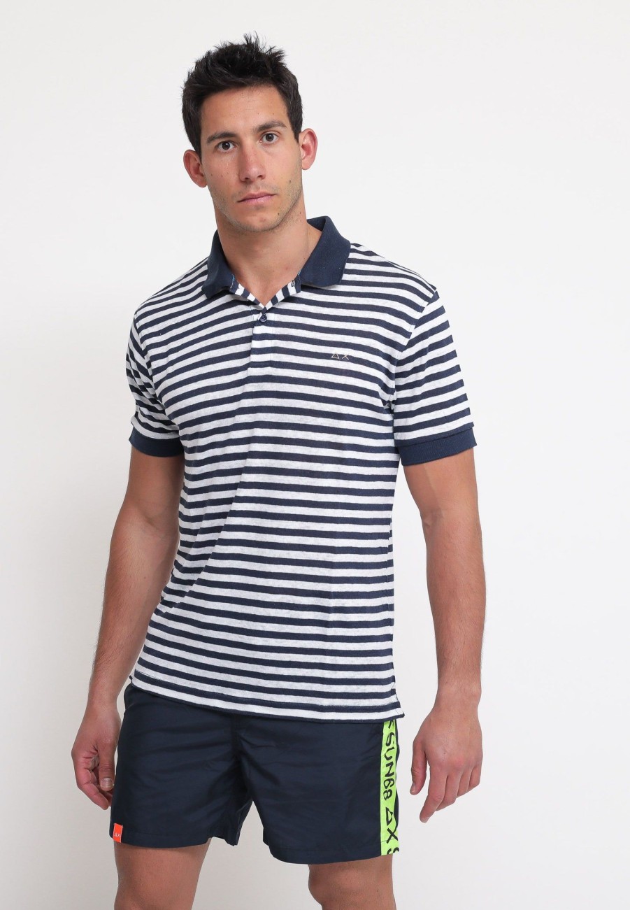 Uomo sun68 Polo | Polo Linen Stripes - Navy Blue/Bianco