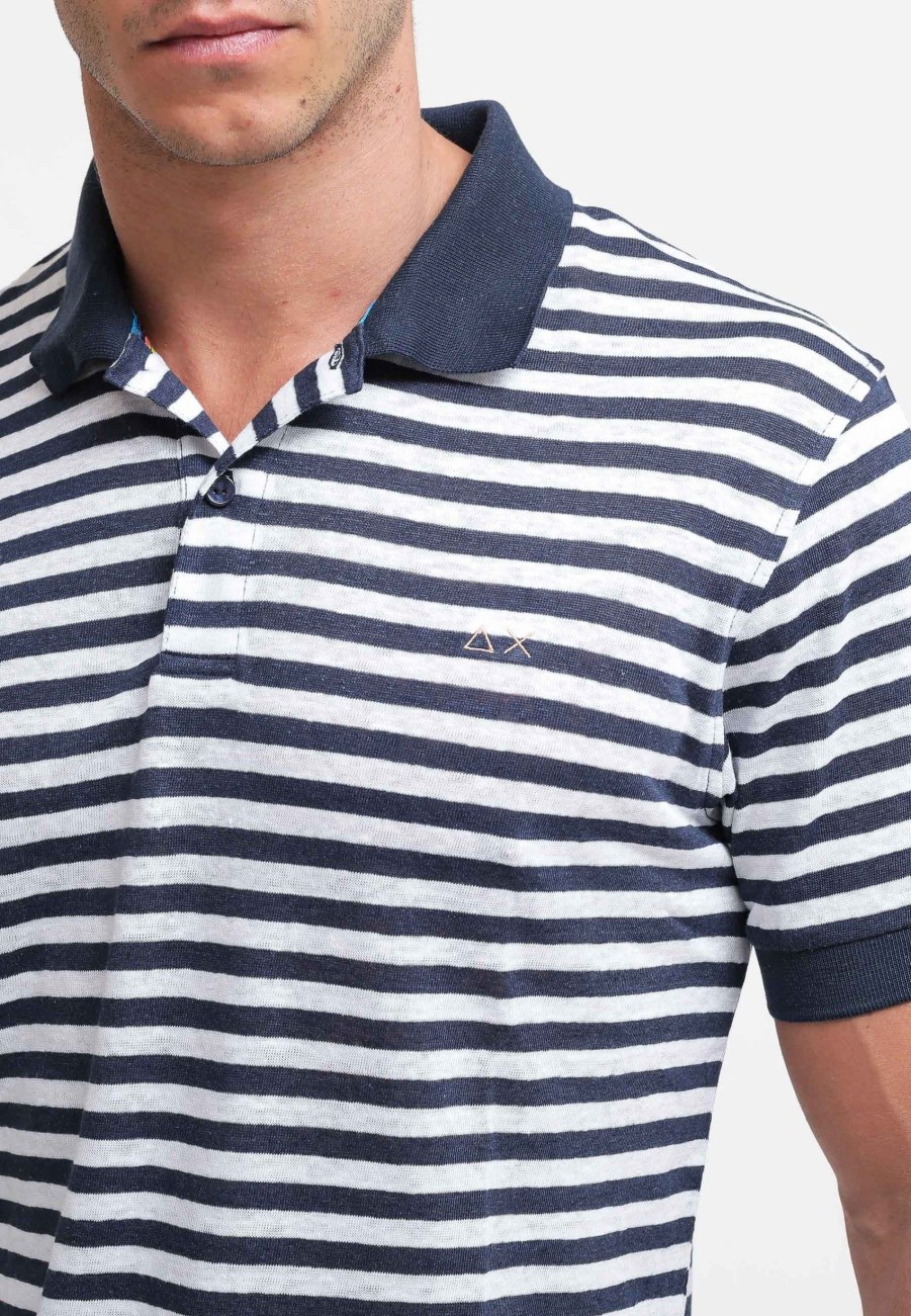 Uomo sun68 Polo | Polo Linen Stripes - Navy Blue/Bianco