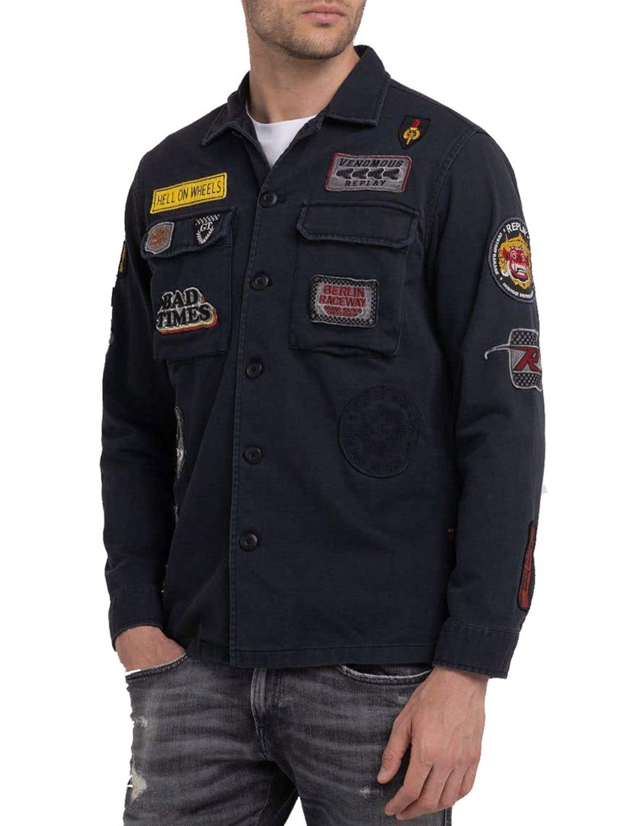 Uomo replay Giubbotti | Overshirt Con Patches Racer - Charcoal