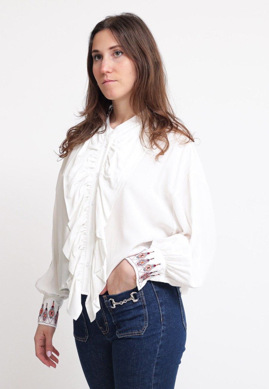 Donna kontatto Camicie | Camicia Rouches Ricamo Polsino - Off White