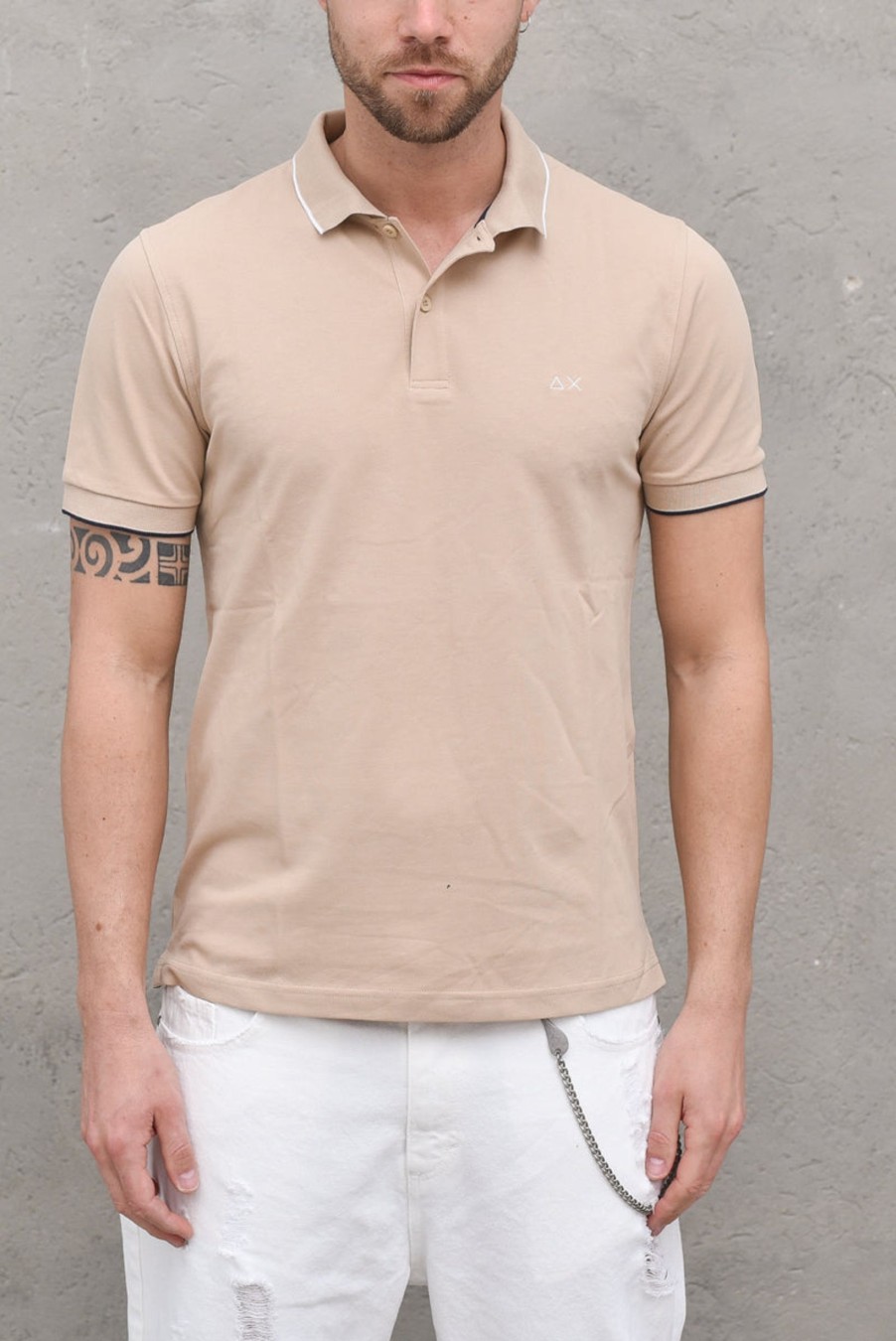 Uomo sun68 Polo | Polo Small Stripes On Collar El - Beige