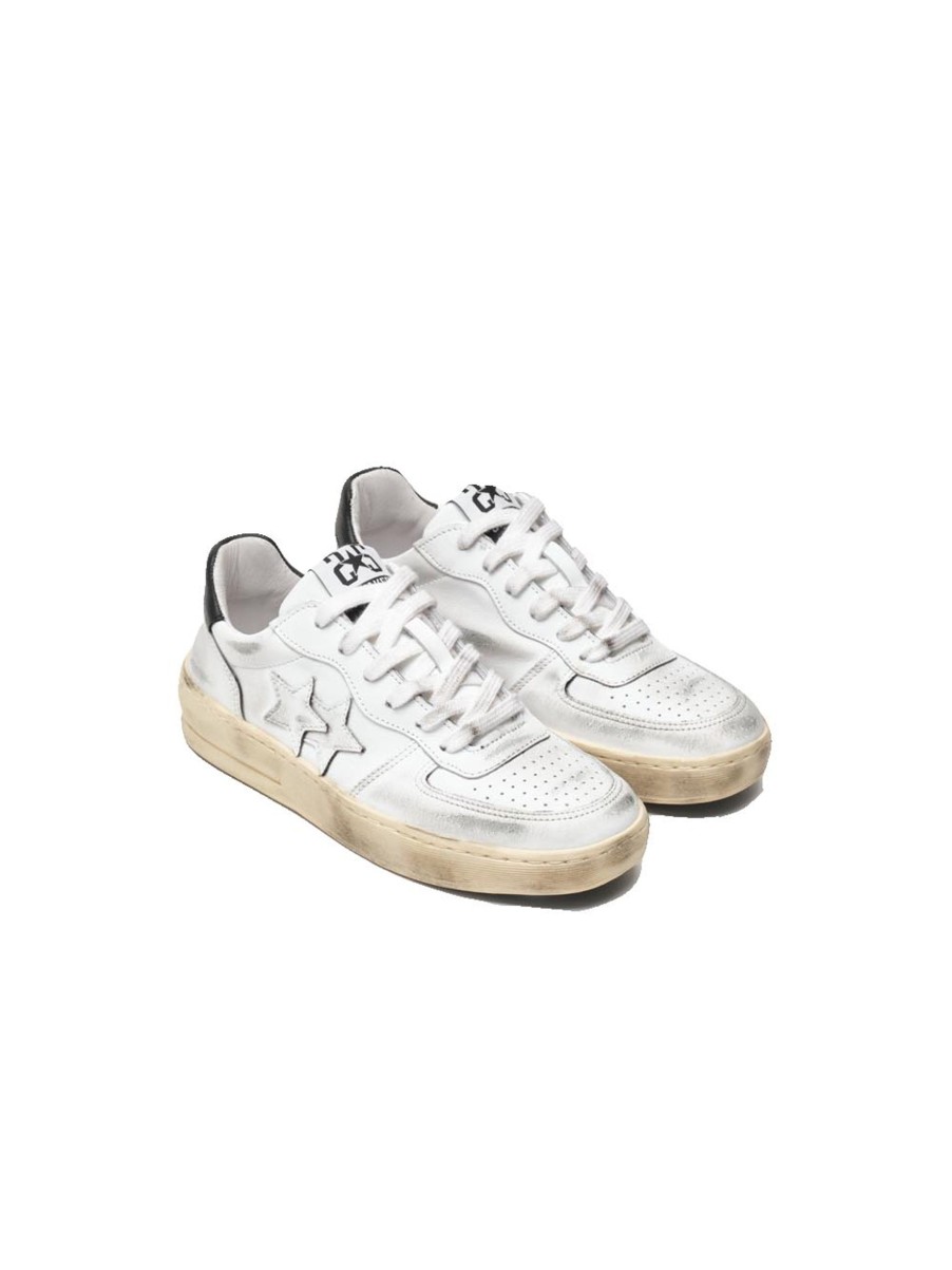 Scarpe 2Star | Sneakers Padel In Pelle Bianca Con Dettagli Neri Ed Effetto '' Used''