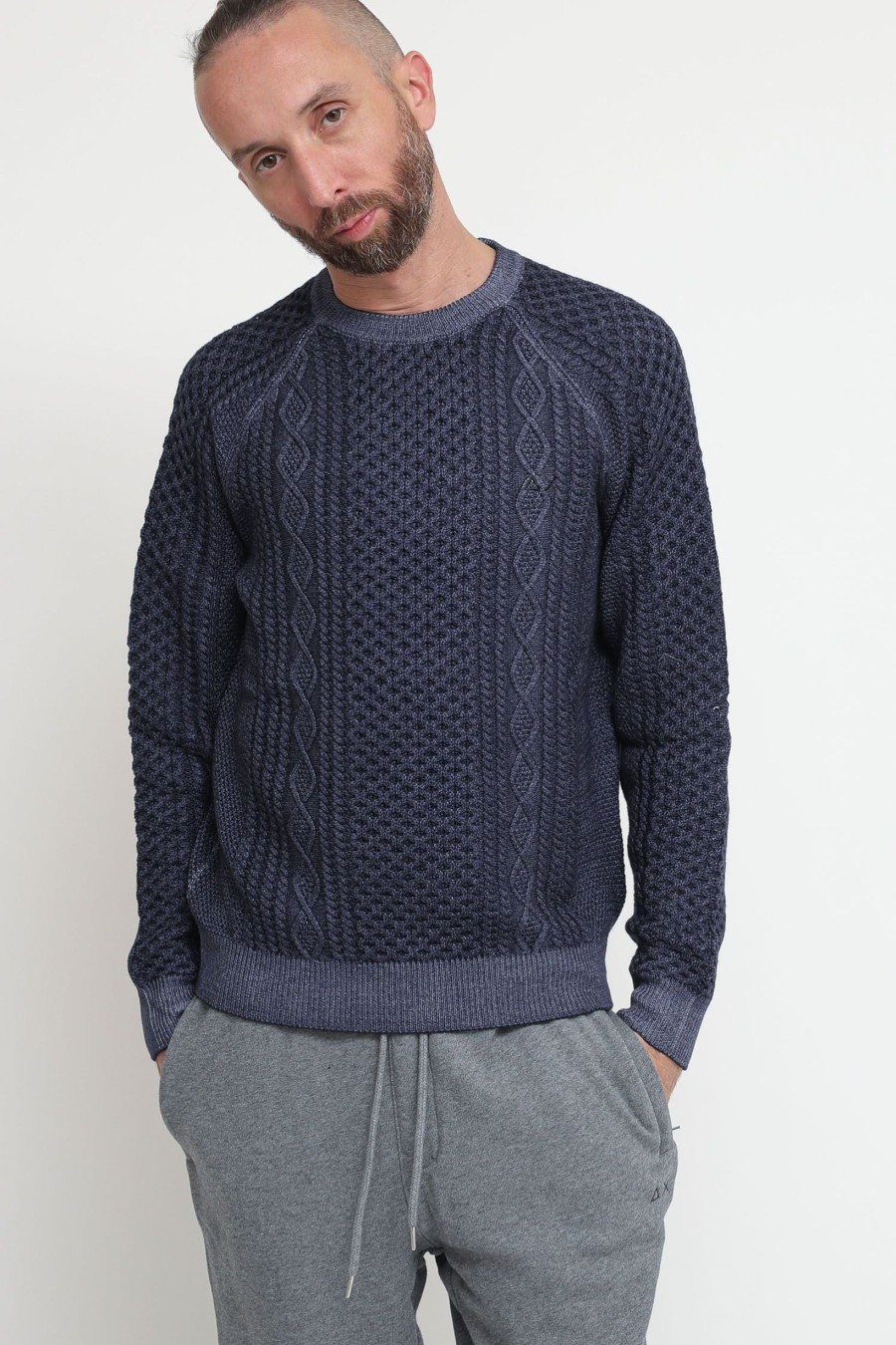 Uomo sun68 Pullover | Round Vintage Cable - Navy Blue