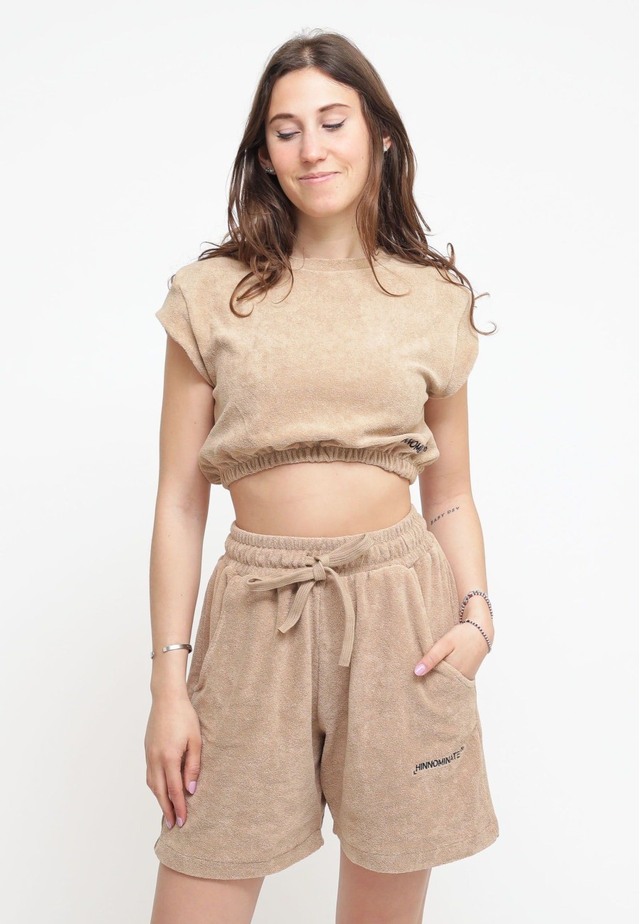 Donna Hinnominate T-Shirt | Croptop In Spugna Mezza Manica - Beige Sabbia