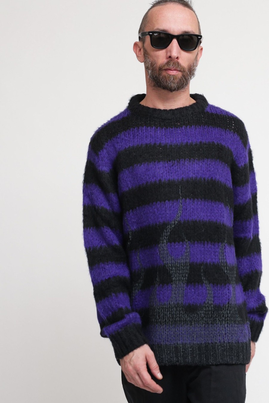 Uomo VISION OF SUPER Pullover | Maglione Nero Con Righe Viola - Purple