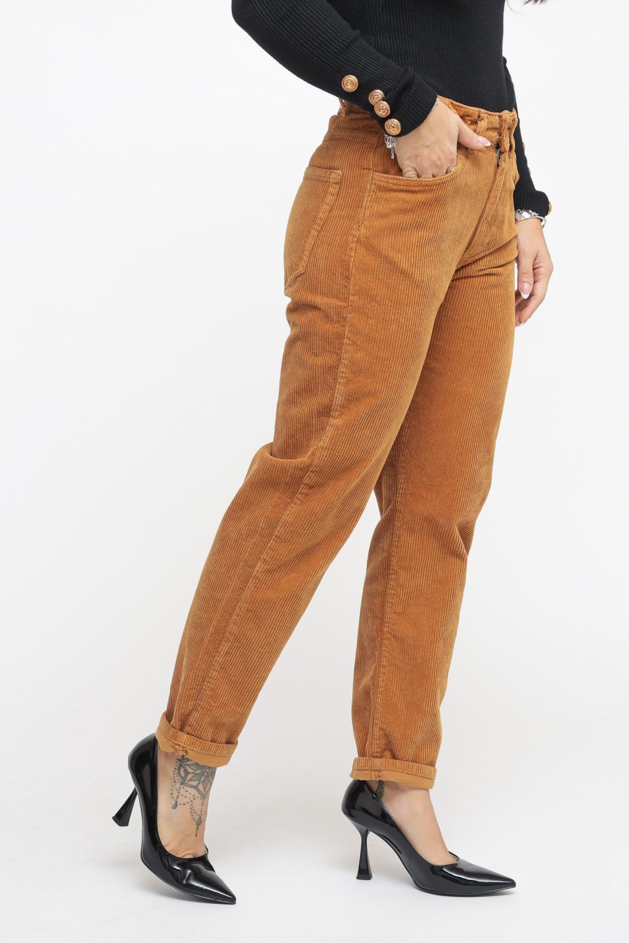 Donna berna Pantaloni | Pantalone Elastico Velluto - Tabacco