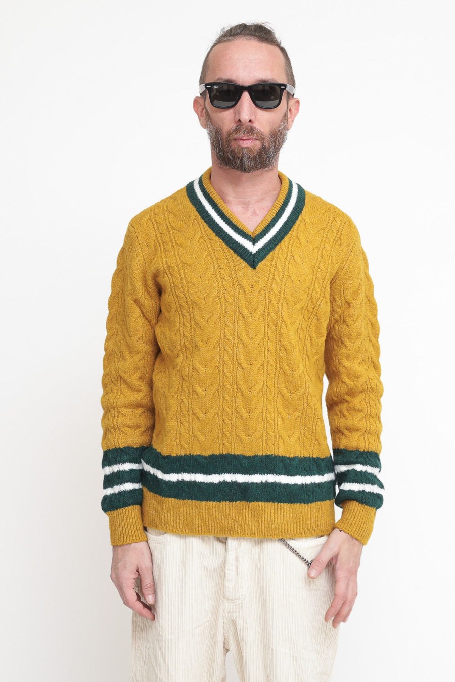 Uomo berna Pullover | Scollo V Treccia Righe - Ocra