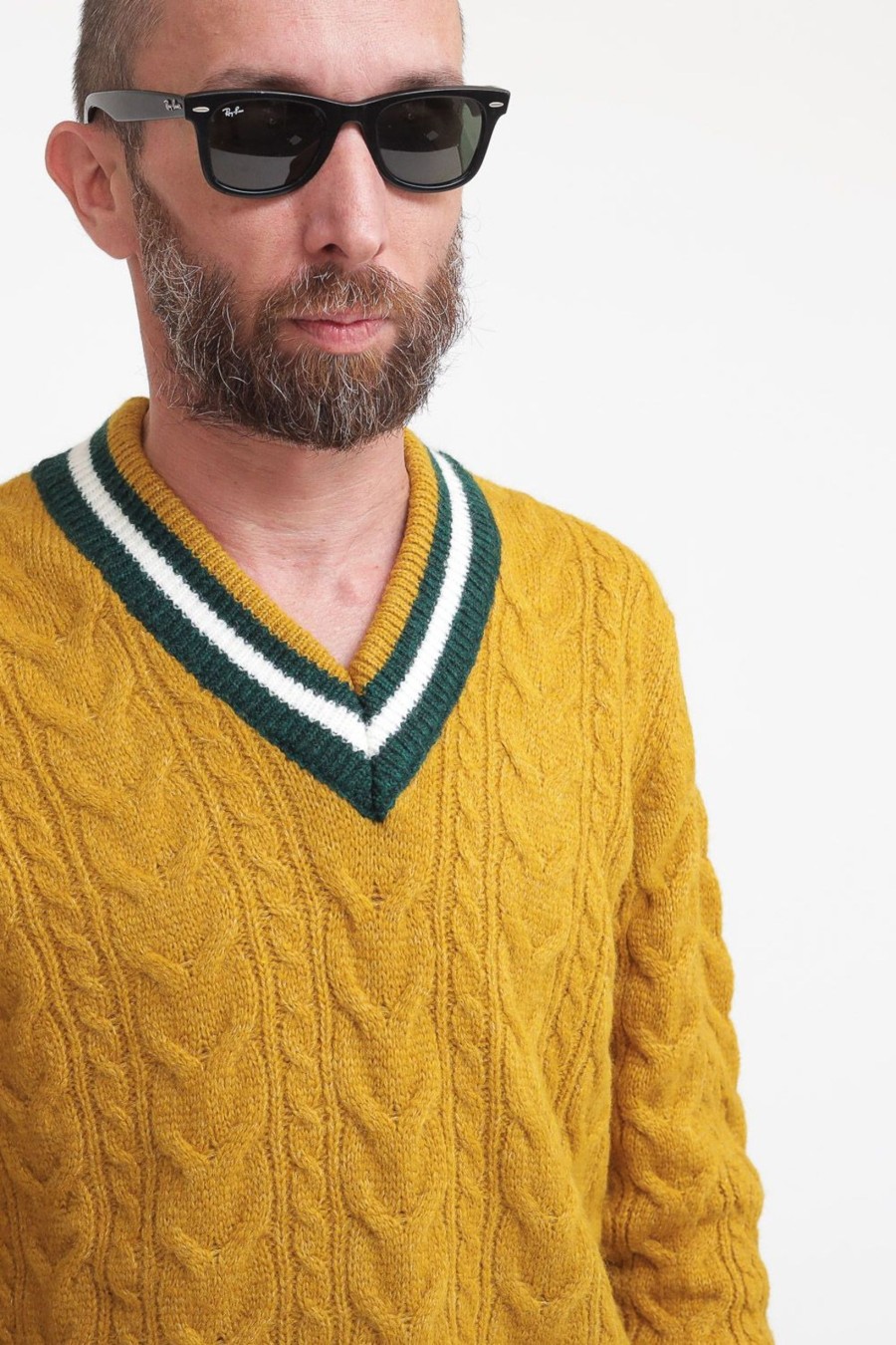 Uomo berna Pullover | Scollo V Treccia Righe - Ocra