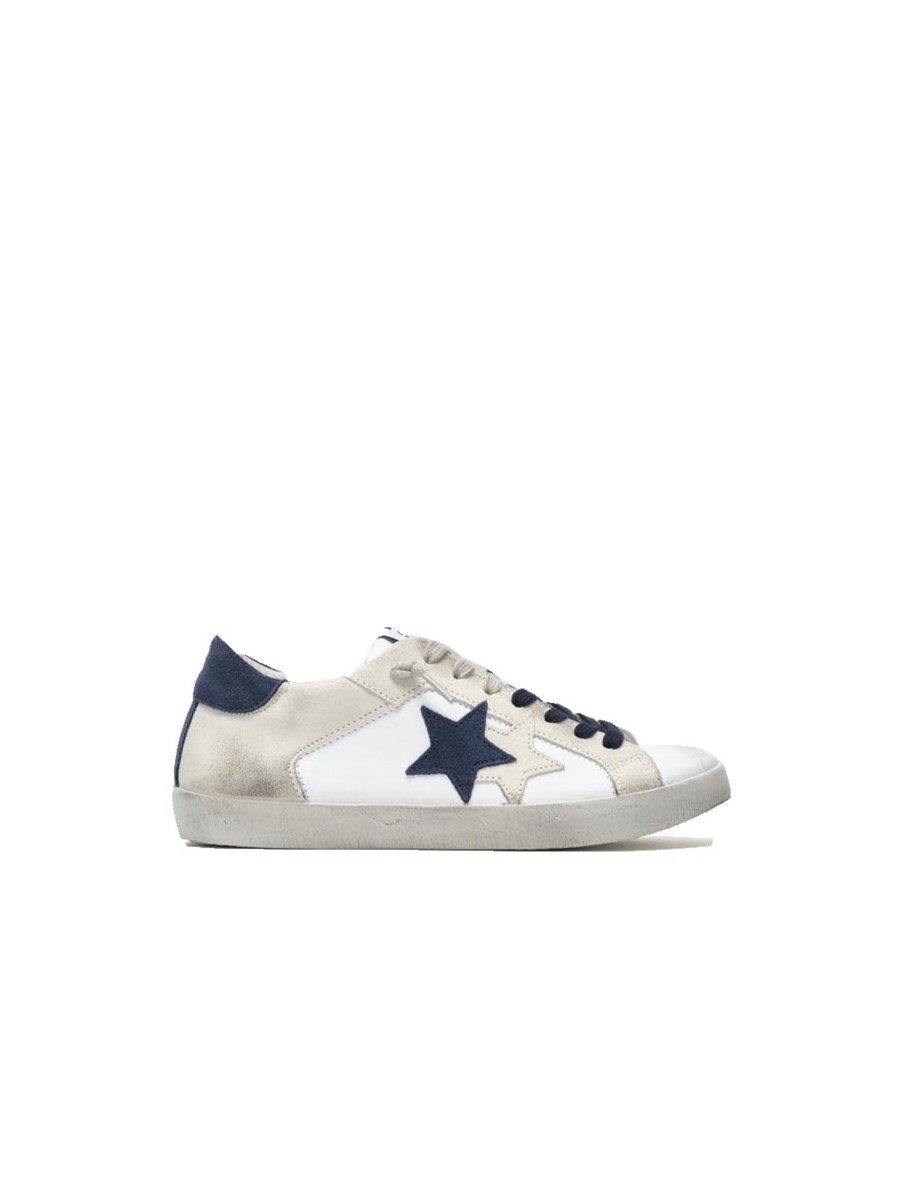 Scarpe 2Star | Sneakers Low 100 In Pelle Bianca - Dettagli In Crosta Ghiaccio E Blu Con Effetto ''Used''