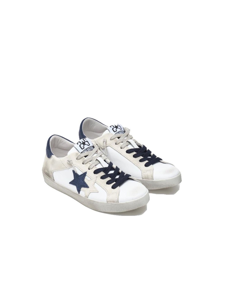 Scarpe 2Star | Sneakers Low 100 In Pelle Bianca - Dettagli In Crosta Ghiaccio E Blu Con Effetto ''Used''