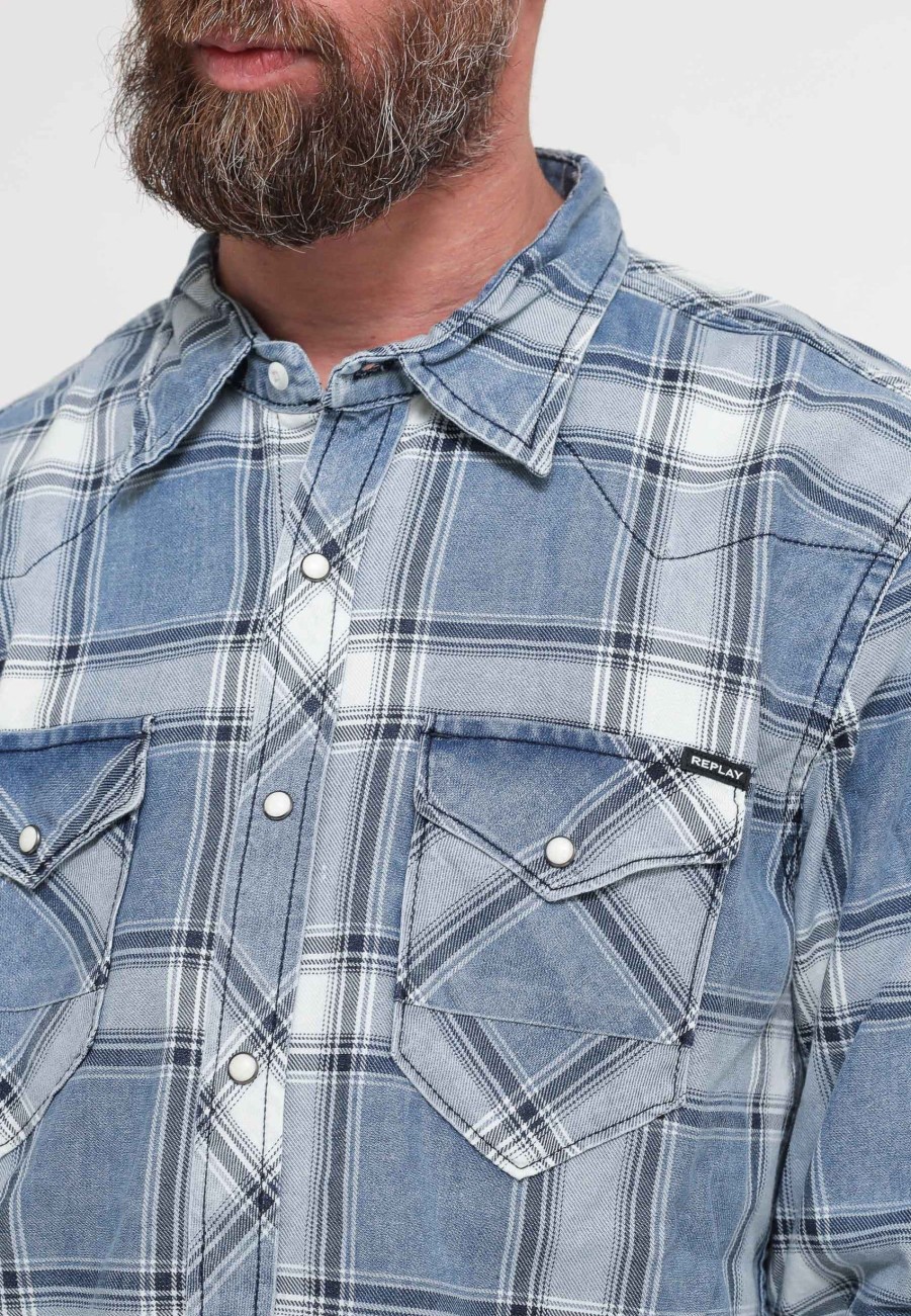 Uomo replay Camicie | Camicia Quadri - Azzurro