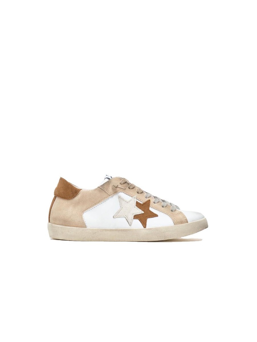 Scarpe 2Star | Sneakers Low 100 In Pelle Bianca Dettagli Crosta Beige/Ghiaccio/Marrone Con Effetto ''Used''