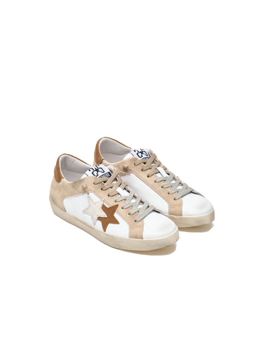 Scarpe 2Star | Sneakers Low 100 In Pelle Bianca Dettagli Crosta Beige/Ghiaccio/Marrone Con Effetto ''Used''