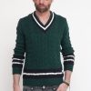 Uomo berna Pullover | Scollo V Treccia Righe - Verde Bottiglia