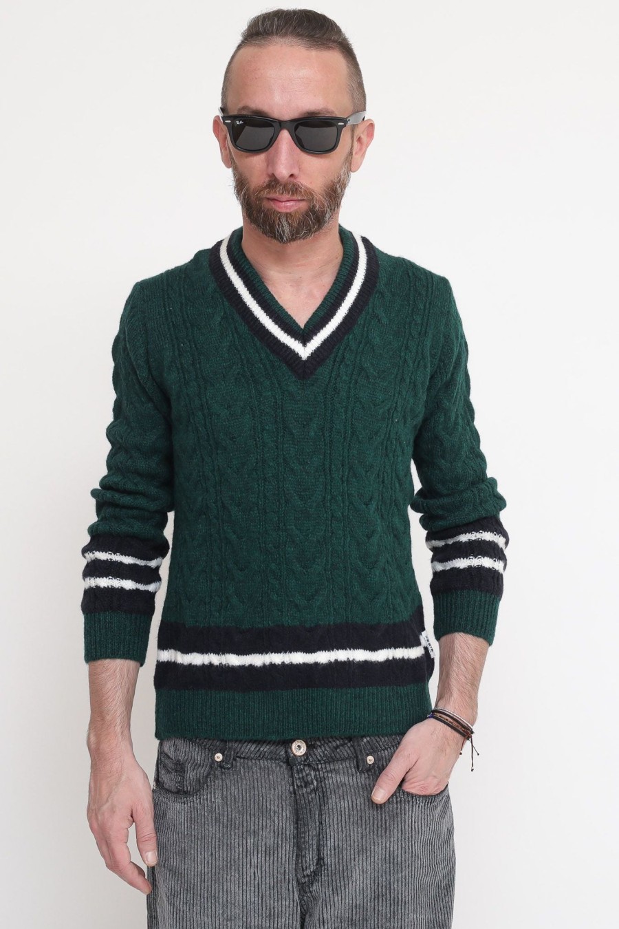 Uomo berna Pullover | Scollo V Treccia Righe - Verde Bottiglia