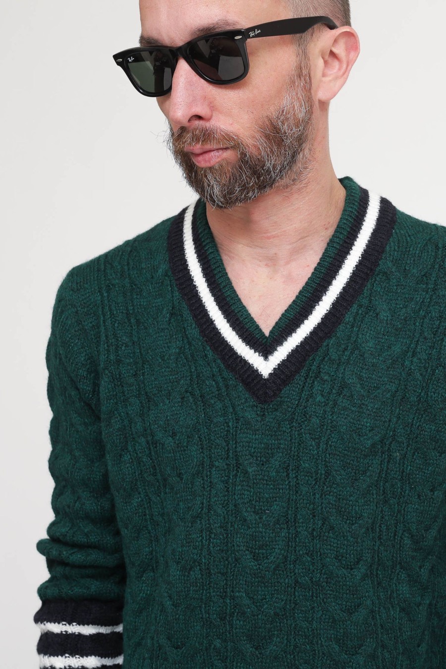 Uomo berna Pullover | Scollo V Treccia Righe - Verde Bottiglia