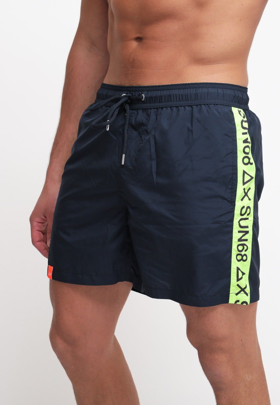 Uomo sun68 Beach Boxer Da Mare | Swim Pant Wht Tape Logo - Navy Blue