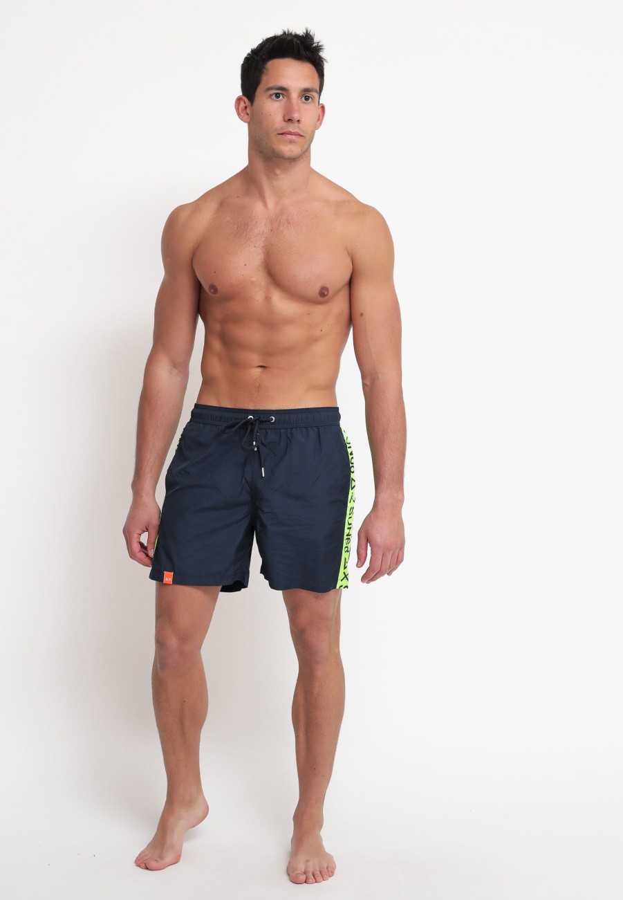 Uomo sun68 Beach Boxer Da Mare | Swim Pant Wht Tape Logo - Navy Blue