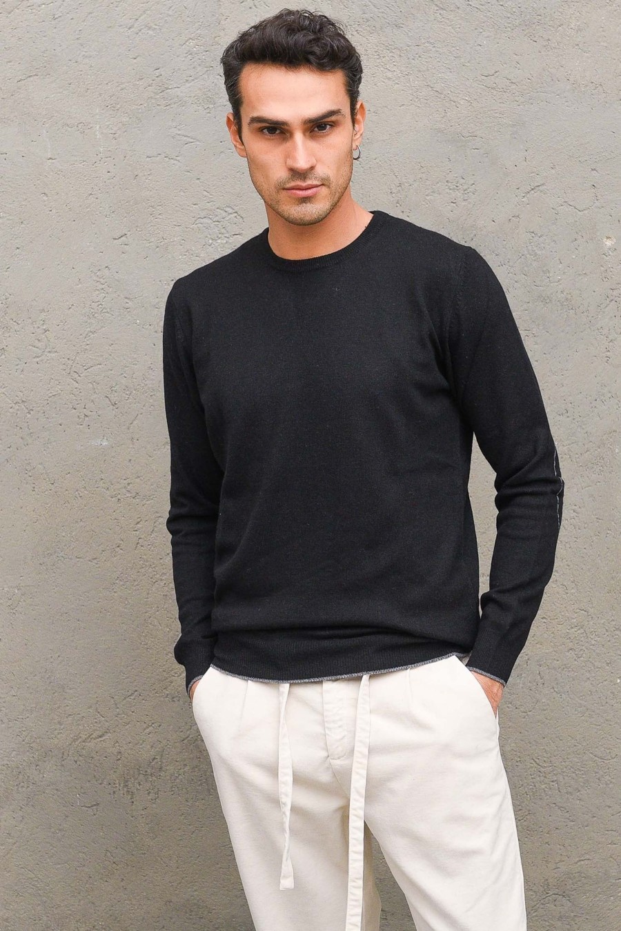 Uomo berna Pullover | Girocollo Toppe Ricamate - Nero