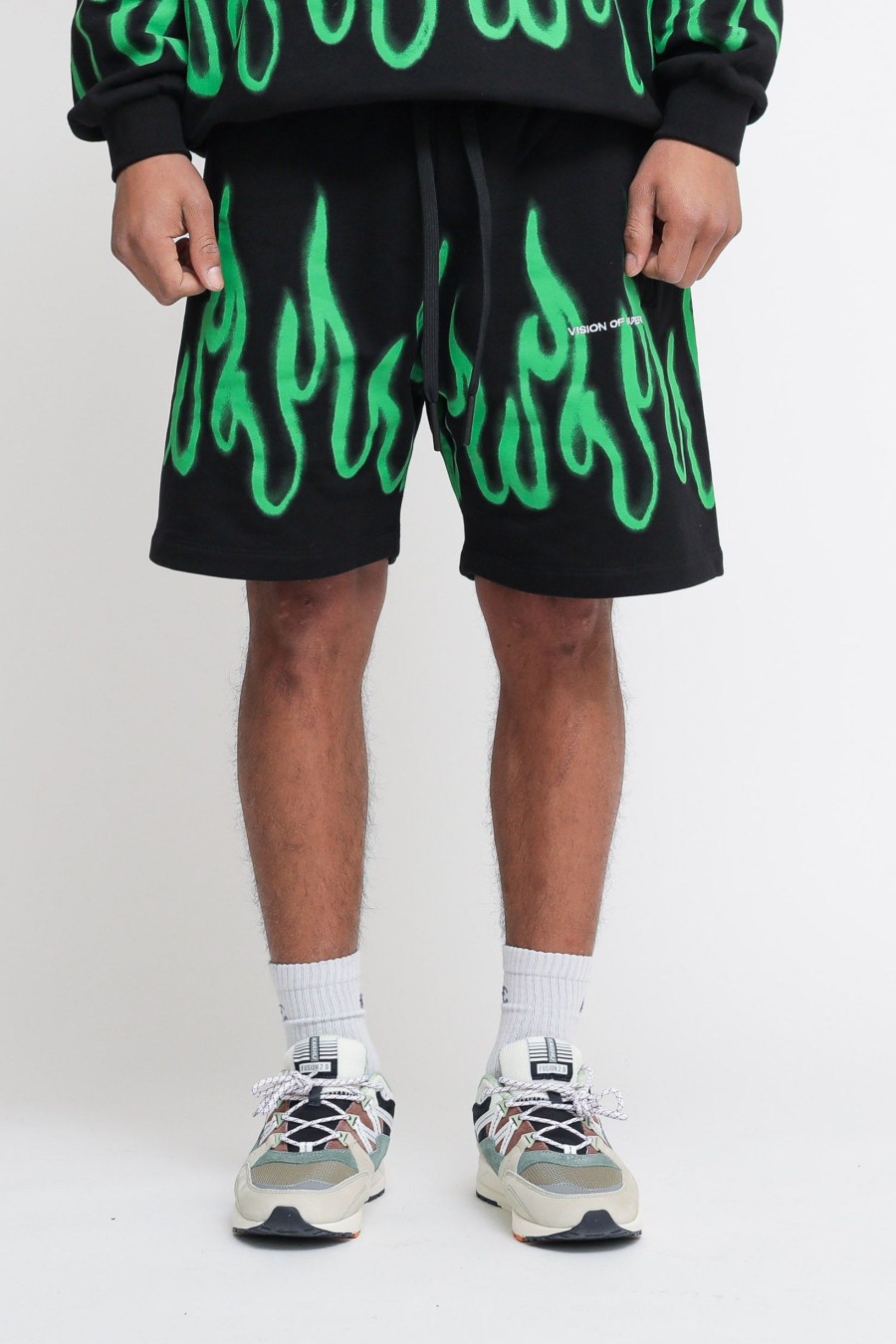 Uomo VISION OF SUPER Shorts | Shorts With Green Spray Flames - Black