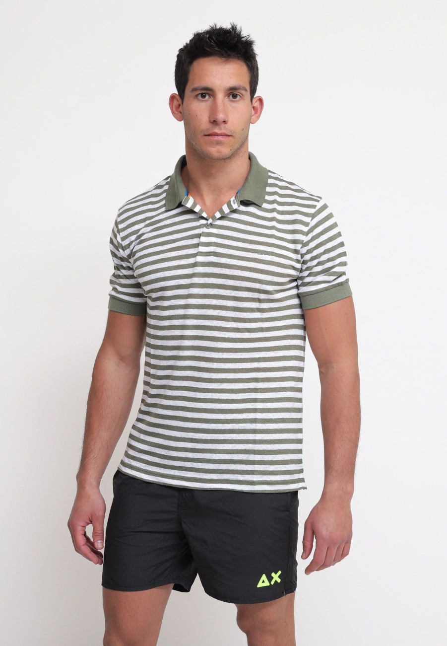 Uomo sun68 Polo | Polo Linen Stripes - Militare/Bianco