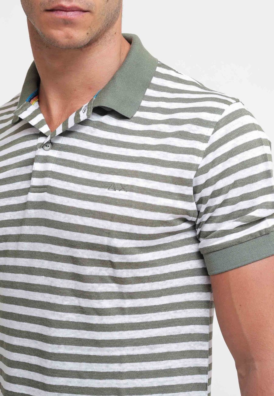 Uomo sun68 Polo | Polo Linen Stripes - Militare/Bianco