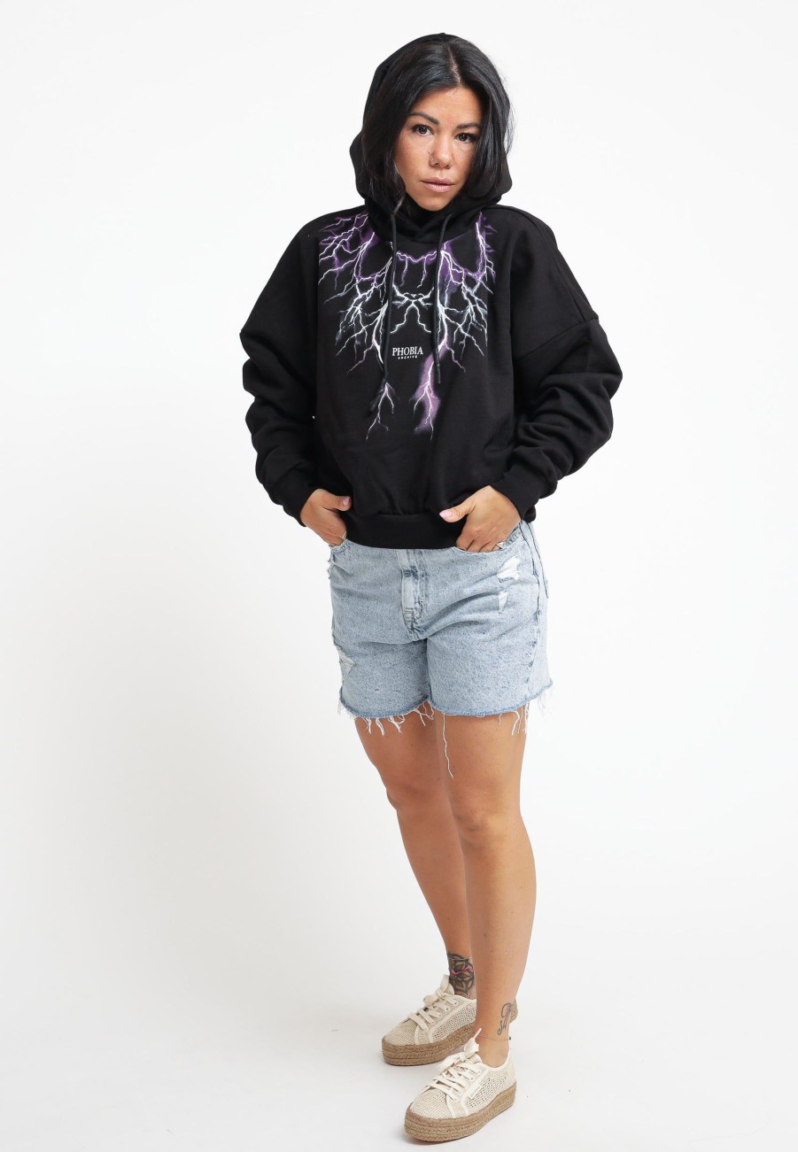 Donna phobia vos Felpe | Black Crop Hoodie Whit Purple Grey Fuxia Lightning