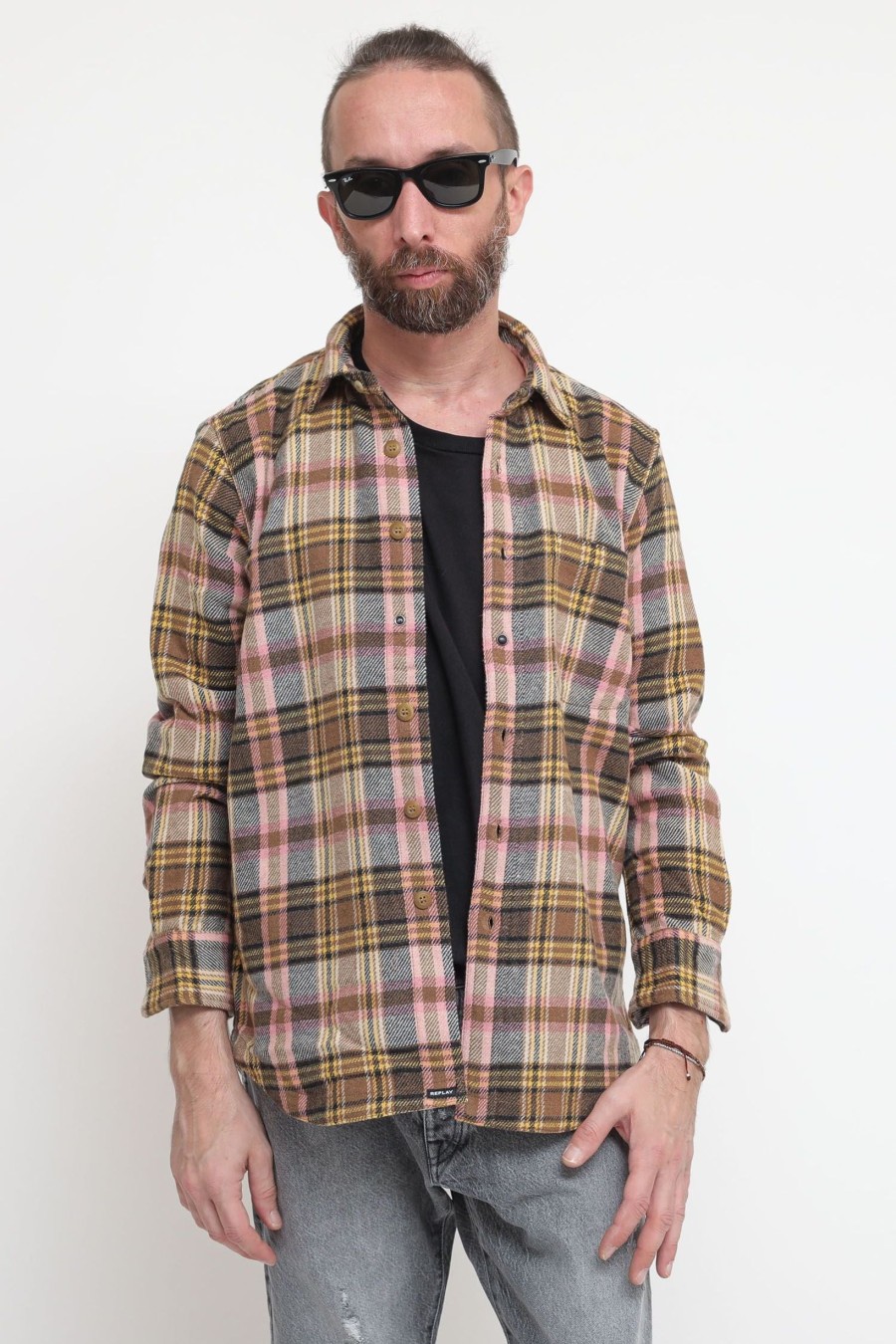 Uomo replay Camicie | Camicia Check - Brown Pink Yellow