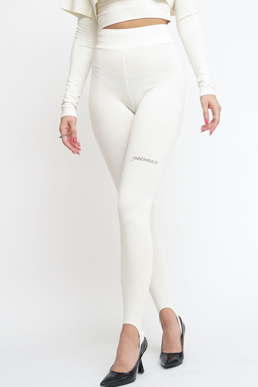 Donna Hinnominate Leggings | Leggings In Bielastico Con Staffe - Bianco Burro