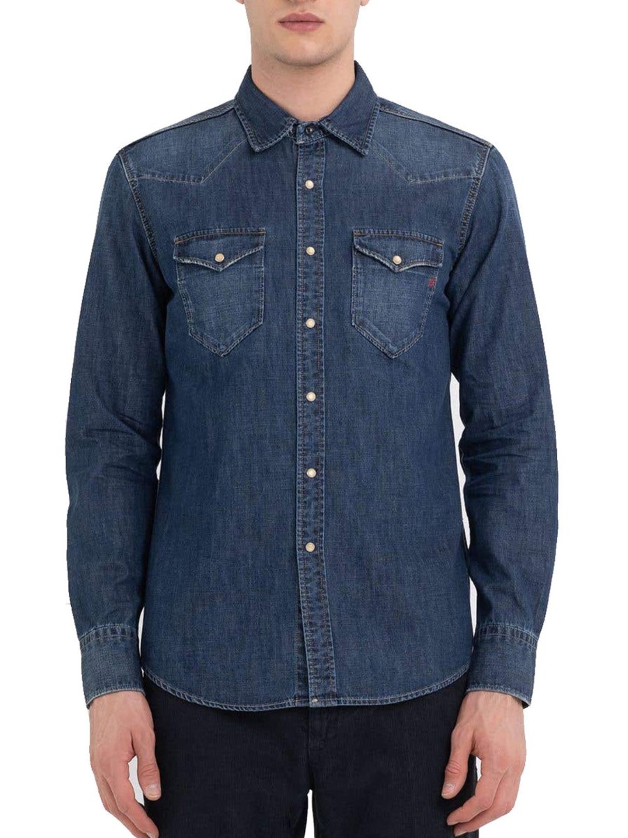 Uomo replay Camicie | Camicia Western In Denim - Dark Blue