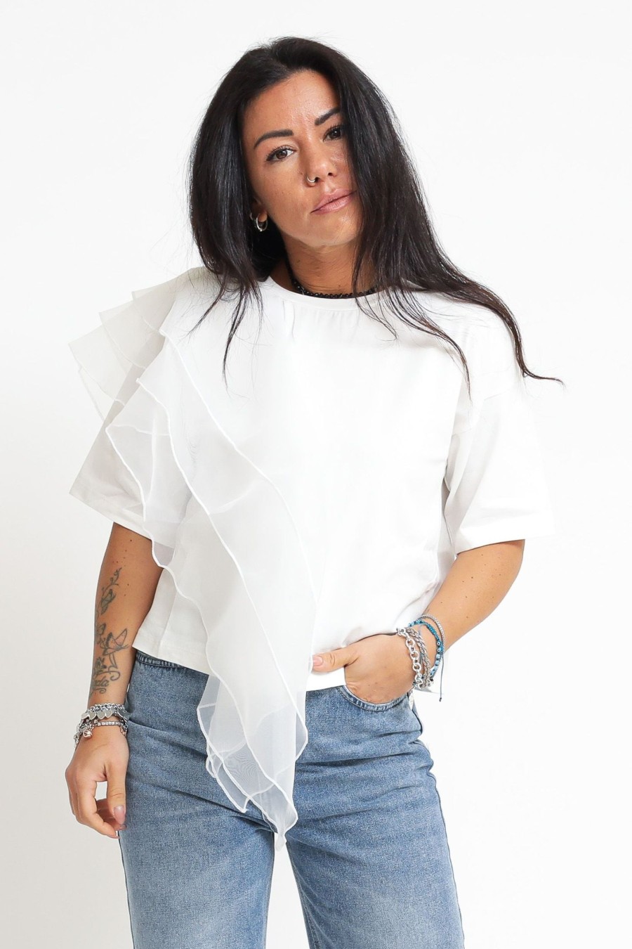 Donna susy mix T-Shirt | T-Shirt Manica Farfalla - Panna